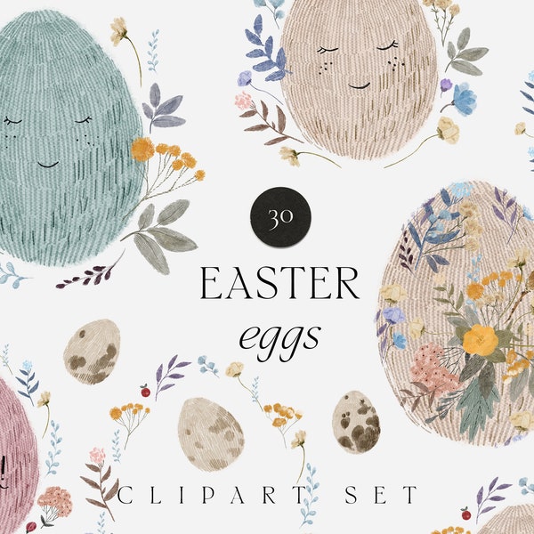 Easter eggs clipart - Cute faces Easter egg - Floral eggs png clipart - Watercolor flowers folk Easter cards clipart - Digital PNG clipart