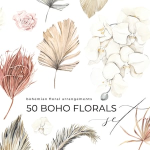 50 Boho bloemen aquarel set - JUNGLE Moderne boho bloemen DIY collectie voor bruiloft nodigt kaart palmen bloemen Digitale Clipart PNG