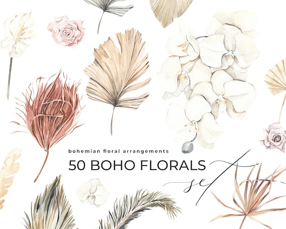 50 Boho florals watercolor set JUNGLE 