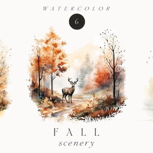 Watercolor Fall Clipart - Watercolor Fall Scenery - Watercolor autumn forest deer - Autumn landscape png - Clipart for commercial use png