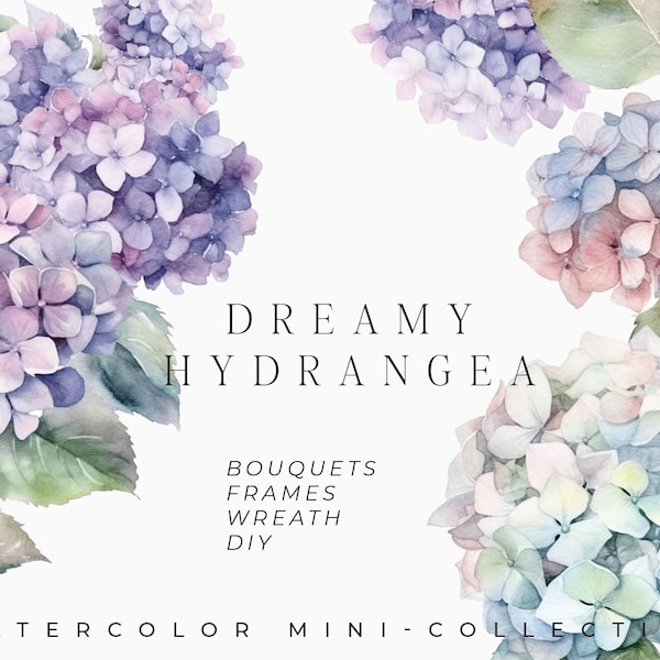 Watercolor Hydrangea Floral Clipart - Dreamy Purple and Blue Hydrangea flowers png - Watercolor flowers png for invites - Digital clipart