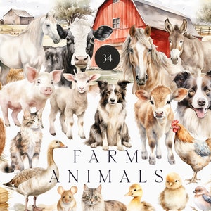 Clipart de animais de fazenda - Animais de fazenda em aquarela png - Animais bebês de fazenda - Animais de celeiro - Ovelha Vaca Cachorro Gato Frango Cavalo clipart comercial