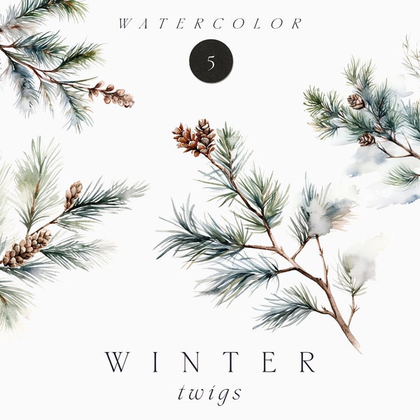 Watercolor Winter Clipart - Watercolor Pine Twigs - Snow covered Winter Pine Brunch - Christmas Clipart - Fir branch - Commercial clipart