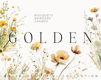 Watercolor Gold Floral Clipart - Golden Wildflowers clipart png - Meadow flowers png - Summer fall flowers for invites - Digital clipart PNG