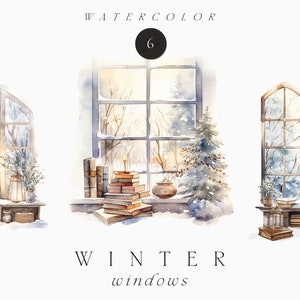 Aquarel Winter Clipart - Winter vensterbank met boeken - Aquarel Kerst Gezellige Clipart - Kerst Windows - Commercieel gebruik clipart