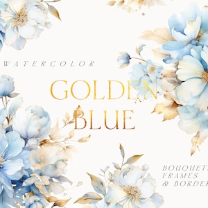 Clipart floral aquarelle - Fleurs bleues et or - Fleurs bleues dorées png - Clipart floral png - Clipart mariage - Clipart usage commercial