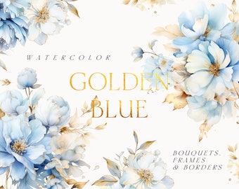 Watercolor floral clipart - Blue and Gold flowers - Golden blue flowers png - Floral clipart png - Wedding clipart - Clipart commercial use
