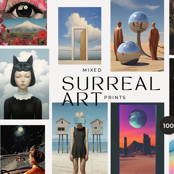 100 Impresiones Surrealistas - Impresiones de Descarga Digital - Fondos Psicodélicos - Cartel Retro Surrealista - Conjunto de Galería de Arte de Pared - Arte Surrealista Imprimible