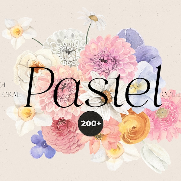 PASTEL flowers - Watercolor floral clipart collection - Boho wedding florals frames - Spring Summer flowers leaves - Digital clipart PNG