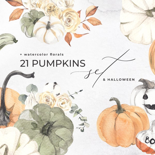 Watercolor Pumpkins + HALLOWEEN Set painted decorate scary pumpkin, Floral bouquets, autumn fall vase flowers collection Digital Clipart PNG