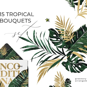 Tropische boeketten - tropische aquarel clipart - groene frames - groene bladeren - bladgoud - Palm Monstera jungle uitnodiging - png-clipart