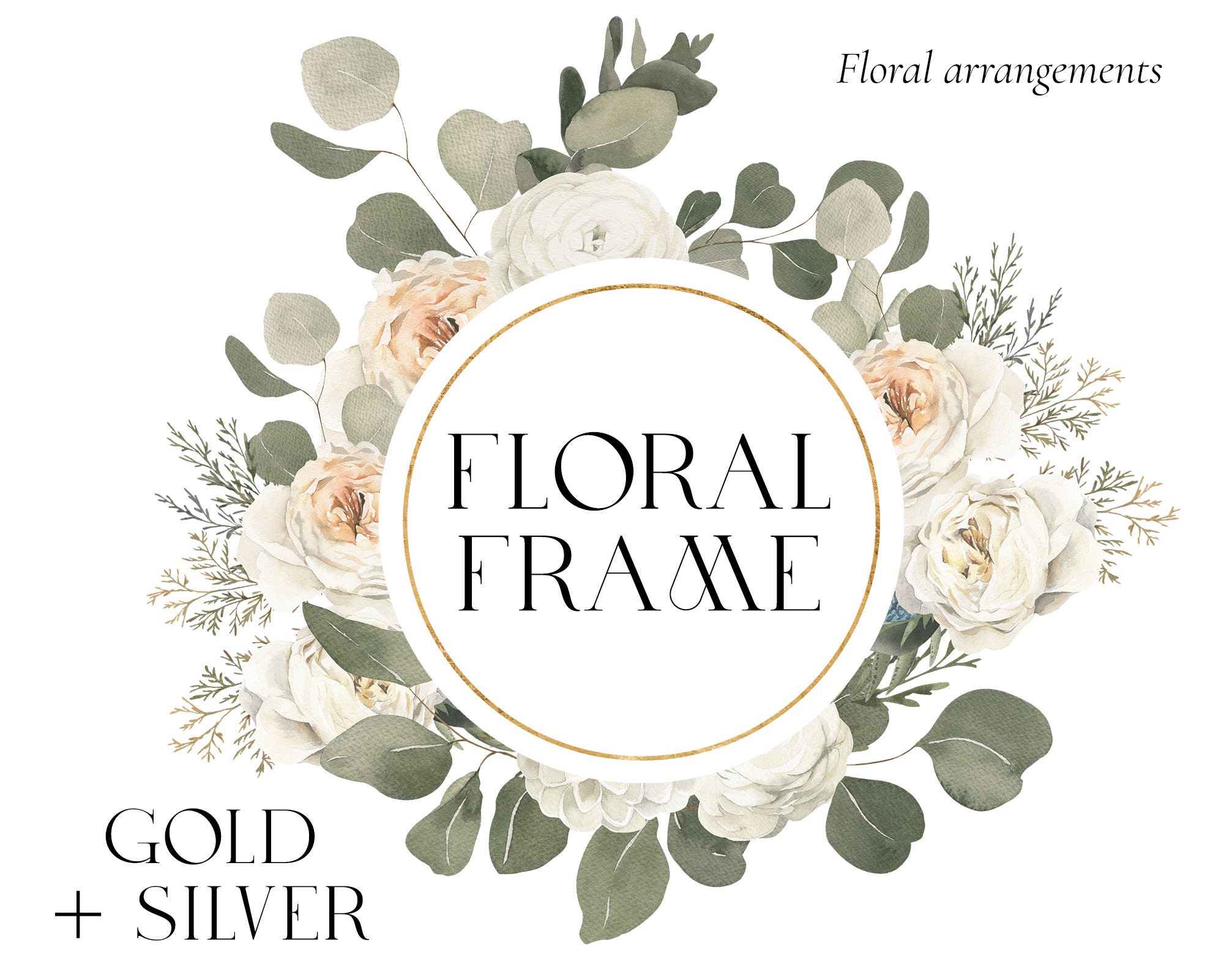 Floral Watercolor Frame Gold Silver Frame White Flowers Etsy