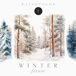 Watercolor Winter Clipart - Watercolor Christmas Clipart png - Watercolor winter forest - Winter forest - Snow forest watercolor clipart png