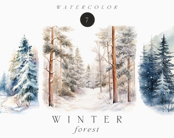 Watercolor Winter Clipart - Watercolor Christmas Clipart png - Watercolor winter forest - Winter forest - Snow forest watercolor clipart png