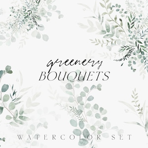 Greenery watercolor clipart - Greenery bouquets clipart - Green leaves - Airy leaves - Foliage for card logo invite - Digital PNG clipart