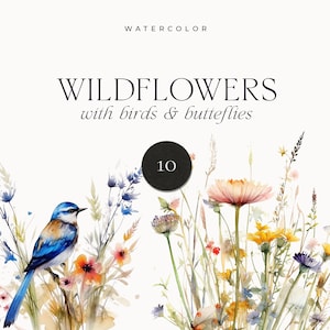 Watercolor Floral Clipart - Wildflowers floral clipart - Watercolor birds with flowers - Watercolor butterflies with flowers - Digital PNG