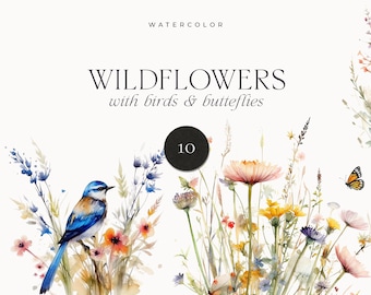 Watercolor Floral Clipart - Wildflowers floral clipart - Watercolor birds with flowers - Watercolor butterflies with flowers - Digital PNG