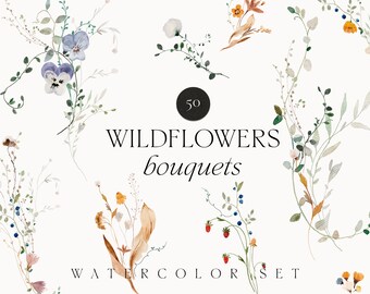 Wild flowers clipart - 50 Floral bouquets - Watercolor floral clipart - Dried Dainty Tiny Pressed flowers clipart invite - Digital PNG