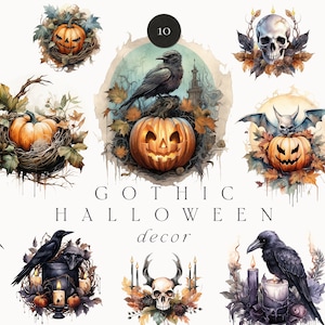 Aquarelle Halloween Clipart - clipart Halloween vintage - Belle Halloween - Clipart Halloween gothique - Décor d'Halloween effrayant - Citrouilles