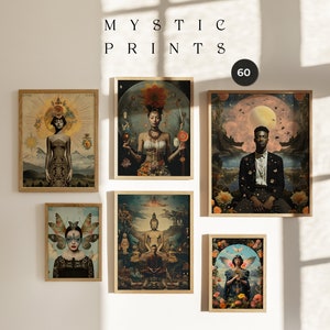60 mystieke kunstafdrukken - surrealistische posters - afdrukbare esoterische muurkunstgalerie - prentenkit - digitale collagewandkit - spirituele achtergronden