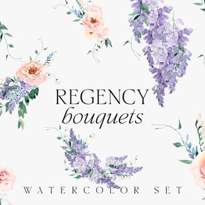 Regency Aquarell Blumen Clipart - Glyzinien Romantische Blumen Clipart - Hochzeit Blumensträuße Clipart für Einladungen - Digitale PNG Clipart