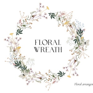 Aquarela de guirlanda floral de campo - borboleta com moldura de flores silvestres - moldura macia etérea delicada para logotipo de convite de casamento - clipart digital PNG