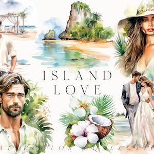 Watercolor Beach clipart - Island Love couples - Tropical island clipart png - Tourist Couple vacation Bali Hawaii - Tropical beach wedding