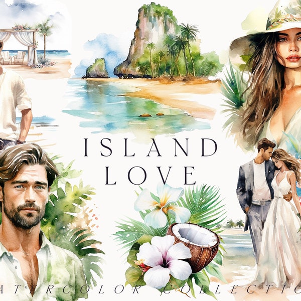 Watercolor Beach clipart - Island Love couples - Tropical island clipart png - Tourist Couple vacation Bali Hawaii - Tropical beach wedding