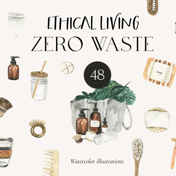 Ensemble aquarelle zéro déchet - Clipart de vie durable - Mode de vie minimaliste - Clipart aquarelle Eco - Salle de bain cosmétique santé - PNG