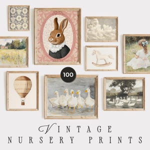 Láminas vintage para guarderías - 100 obras de arte vintage para la pared de la guardería - Láminas digitales para guarderías - Pósteres retro - Juego de galería de pared con animales lindos y tranquilos