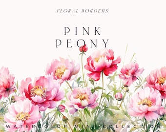 Watercolor Peony Clipart - Watercolor Floral clipart - Pink Peony clipart png - Peonies png - Peony floral borders set - Digital clipart PNG