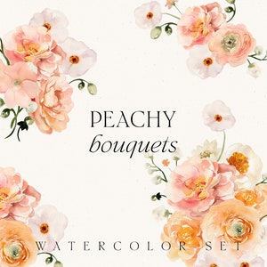 Watercolor floral bouquets - Peach Floral clipart - Peachy apricot flowers watercolor clipart for wedding invite logo - Digital PNG clipart