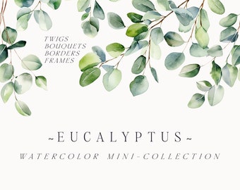 Watercolor Eucalyptus Clipart - Watercolor Greenery clipart - Green leaves clipart png - Wedding clipart - Greenery borders - Foliage png