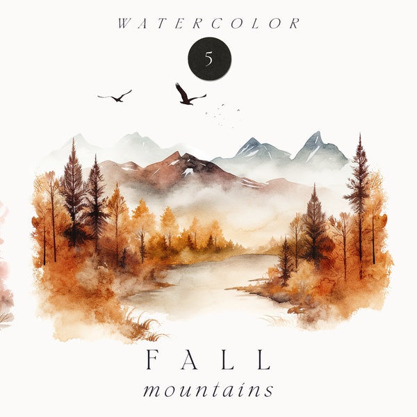 Watercolor Fall Clipart - Watercolor Fall Scenery - Watercolor autumn mountains png - Autumn landscape png - Clipart for commercial use png