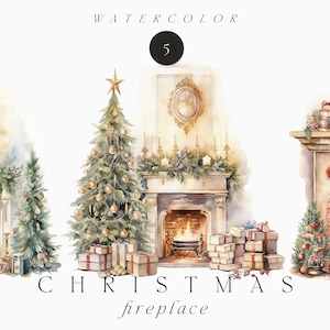 Aquarel Kerst Clipart - Kerst open haard clipart - Kerst versierde open haard - Kerst decor voor kaarten - Commercieel gebruik PNG