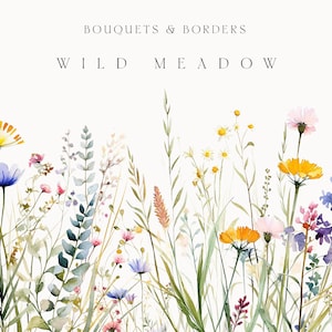Clipart floral aquarelle - prairie sauvage - clipart fleurs sauvages - ensemble de bordure florale - bordures de fleurs sauvages - clipart floral à usage commercial