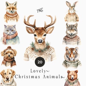 Animali natalizi ad acquerello - Clipart di Natale PNG - Clipart animali invernali PNG - Uso commerciale di clipart natalizie - Animali in maglioni