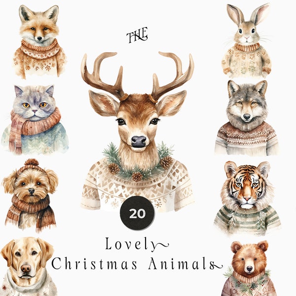 Watercolor Christmas Animals - Christmas Clipart PNG - Winter Animals Clipart PNG - Christmas clipart commercial use - Animals in sweaters