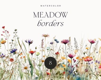 Watercolor Floral Clipart - Wildflowers floral clipart - Floral border set - Meadow Flowers png spring summer flowers - Digital clipart PNG