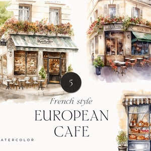Acuarela cafetería terraza estilo francés - Acuarela europea street cafe Paris clipart png - Primavera panadería clipart png - Clipart digital PNG