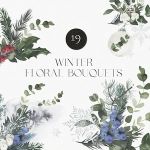 Buquês de Natal conjunto clipart aquarela - Conjunto floral de inverno - Pinho visco algodão azevinho verde neve - Feliz ano novo decoração noel - PNG