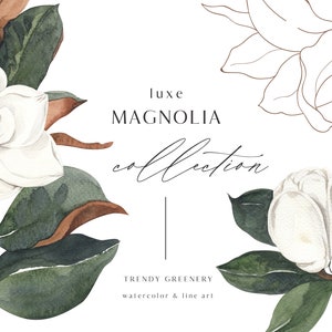 Magnolia aquarel luxe clipart set - Trendy Groen - Aquarel Bloemen Gebladerte Groene bladeren bloemen schilderij moderne bruiloft Digitale PNG