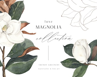 Magnolia watercolor luxe clipart set - Trendy Greenery - Watercolor Flowers Foliage Green leaves floral painting modern wedding Digital PNG