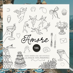 Desenhos de casamento caprichosos ícones SVG png eps ai - La Dolce Vita Wedding Bundle clipart desenhado à mão linha arte doodle mínimo Itália Menu de casamento