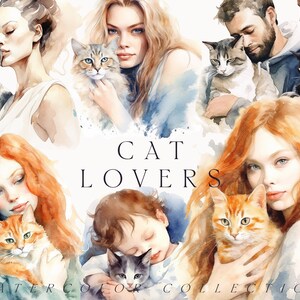 Clipart aquarelle pour amoureux des chats - personnes ayant un animal de compagnie - clipart chat png - enfants avec chaton - clipart propriétaire de chat - clipart animal de compagnie - clipart numérique PNG