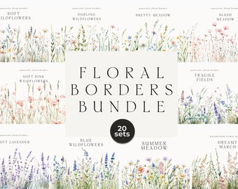 Watercolor Floral Bundle - Watercolor wildflowers borders clipart bundle png - Wedding clipart png - Floral border clipart set for invites