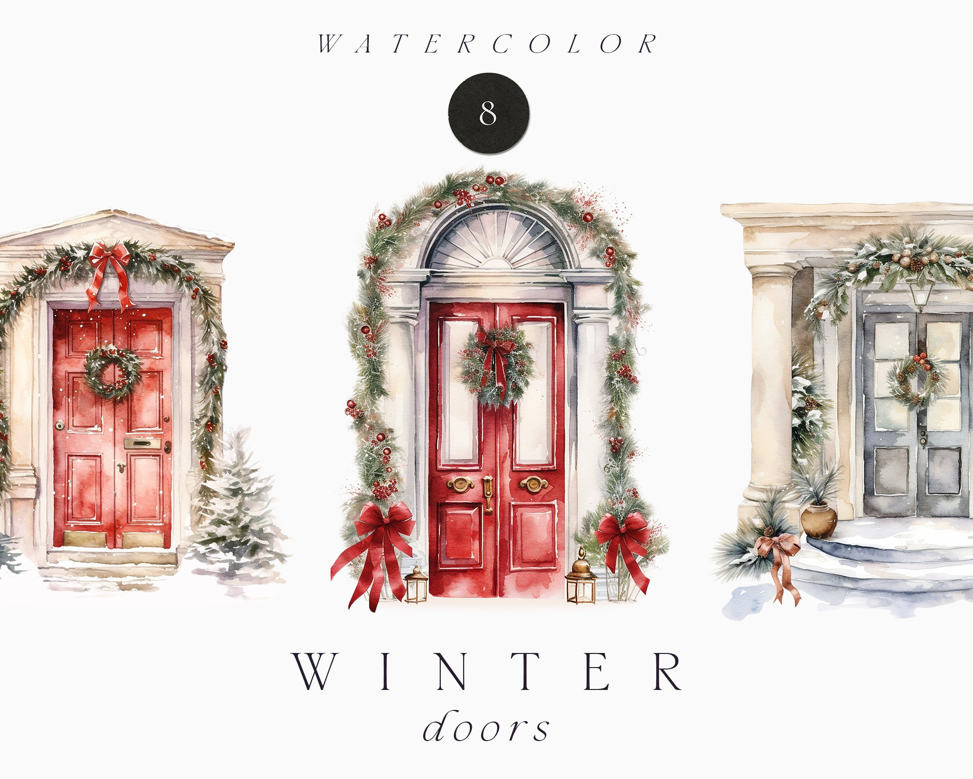 Aquarel Winter Clipart - Aquarel Kerst Clipart PNG - Winter Doors House - Kerstdeur decor - Commercieel gebruik kaart clipart PNG