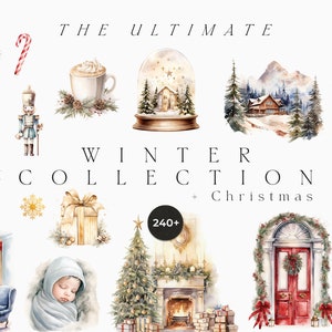 Clipart de Natal em aquarela PNG - Pacote de Natal Clipart - Clipart de inverno em aquarela PNG - clipart de decoração de Natal para uso comercial PNG