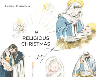 Imágenes prediseñadas religiosas de Navidad - Escenas navideñas ilustraciones en acuarela - Jesucristo María José ovejas granero Ángeles - Digital Clipart PNG