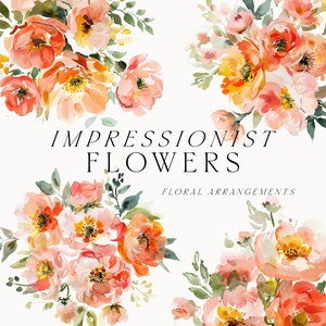 Flores abstractas Clipart png - Flores rojas anaranjadas - Flores impresionistas png - Flores de acuarela Clipart uso comercial - Imágenes prediseñadas de flores